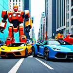 Epic Transformation**

"A vibrant scene of toy cars transforming into giant, colorful robots in a bustling city square. Focus on dynamic poses and energy. Fully clothed robot characters, safe for work, appropriate content, family-friendly illustration, perfect anatomy, natural proportions, professional animation style."

**