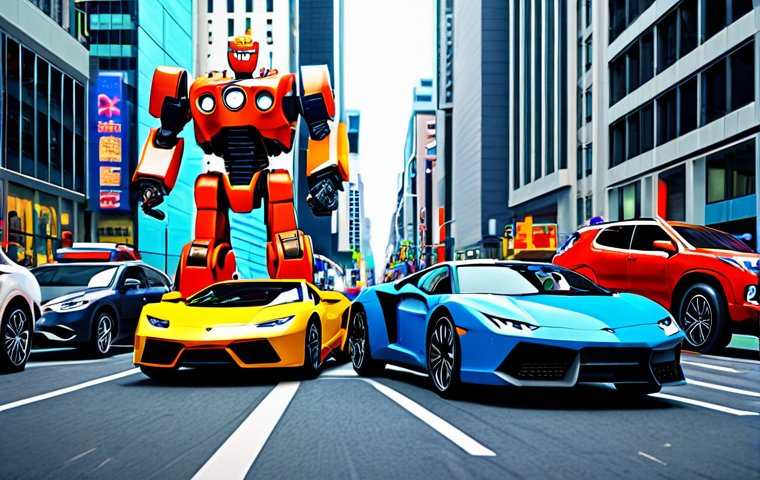 Epic Transformation**

"A vibrant scene of toy cars transforming into giant, colorful robots in a bustling city square. Focus on dynamic poses and energy. Fully clothed robot characters, safe for work, appropriate content, family-friendly illustration, perfect anatomy, natural proportions, professional animation style."

**